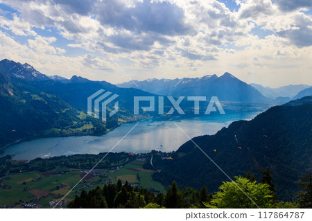 Breathtaking aerial view of Lake Thun and Swiss Alps from Harder Kulm viewpoint, Switzerland 117864787