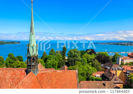 View over Lake Constance (Bodensee) and the old town of Konstanz (also known as Constance)  from bell tower of Konstanz Cathedral, Baden-Wuerttemberg, Germany 117864805
