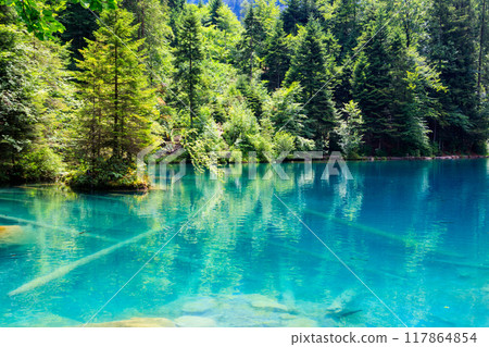 Blausee lake or Blue Lake in Bernese Oberland, Kandergrund, Switzerland Blausee lake or Blue Lake in Bernese Oberland, Kandergrund, Switzerland 117864854
