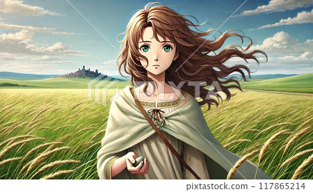 A girl standing with a vast grassland in the background 117865214