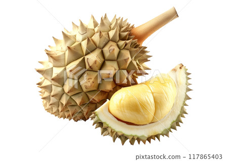 Two durian fruits reveal the creamy yellow flesh inside isolated on a white transparent background 117865403
