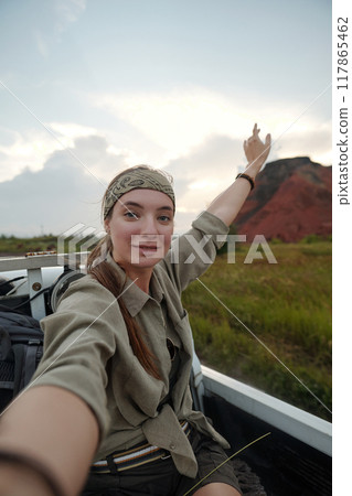 Girl recording new video during travel 117865462