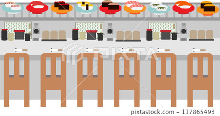 Image of counter seats at a conveyor belt sushi restaurant Image of counter seats at a conveyor belt sushi restaurant 117865493