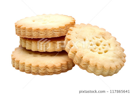 A delightful stack of three soft and crumbly butter cookies or Shortbread Cookie isolated on white transparent background. A delightful stack of three soft and crumbly butter cookies or Shortbread Cookie isolated on white transparent background. 117865641