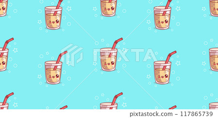 Seamless pattern with cute glass of lemonade with bubbles and straw on blue background. Funny kawaii cartoon character drink. Vector horizontal illustration. 117865739