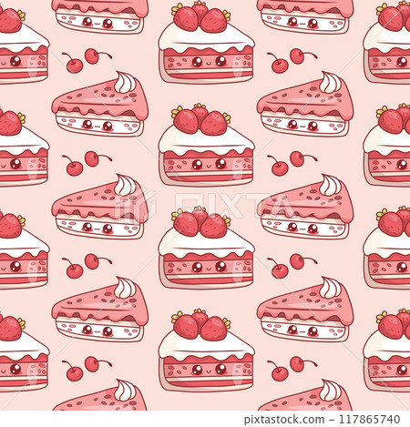 Seamless pattern with cute slice of birthday cake with strawberries on pink background with cherries. Funny holiday kawaii cartoon character. Vector illustration. Kids collection. 117865740