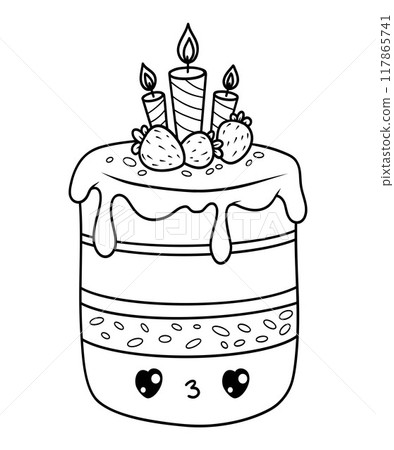 Cute birthday cake. Outline funny cartoon kawaii character. Creamy bakery with strawberries and festive candles. Line drawing, coloring book. Vector illustration. Kids collection. 117865741