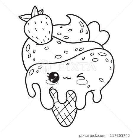 Cute ice cream cone with strawberries and drops. Outline sweet kawaii cartoon character. Line drawing, coloring book. Vector illustration. Kids collection. 117865743