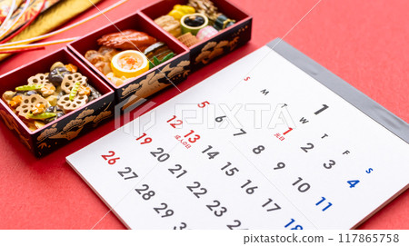 January calendar and New Year's dishes - New Year's stock photos 117865758