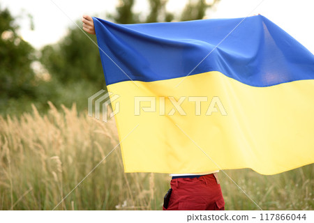 Ukraines Independence Flag Day. Constitution day. Ukrainian child boy in shirt with yellow and blue flag of Ukraine in field. flag symbols of Ukraine. Kyiv, Kiev day Ukraines Independence Flag Day. Constitution day. Ukrainian child boy in shirt with yellow and blue flag of Ukraine in field. flag symbols of Ukraine. Kyiv, Kiev day 117866044