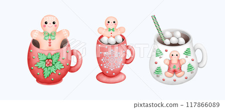 Watercolor Cute Hand Drawn Christmas Mug with cocoa and whipped cream Illustration with Festive Holiday Design for Cozy Art 117866089
