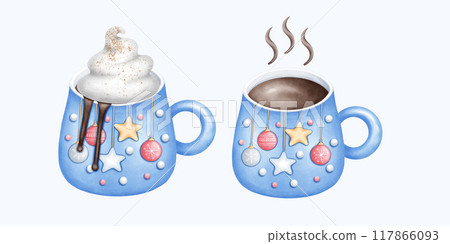 Watercolor Cute Hand Drawn Christmas Mug with cocoa and whipped cream Illustration with Festive Holiday Design for Cozy Art 117866093