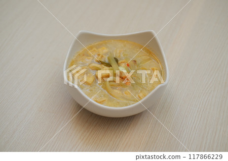 Sayur Labu Siam or Manisa or Jipang or Chayote, Indonesian food, made from slice of chayote cooked with spicy coconut milk. Sayur Godog Labu Siem served in a bowl. Sayur Labu Siam or Manisa or Jipang or Chayote, Indonesian food, made from slice of chayote cooked with spicy coconut milk. Sayur Godog Labu Siem served in a bowl. 117866229