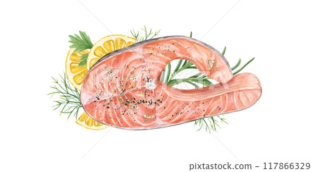 Steamed raw salmon steak on lemon slices and fresh greenery watercolor food illustration. Healthy meal with trout fish and rosemary, parsley, dill for recipes, restaurant menu, cookbook. Top view Steamed raw salmon steak on lemon slices and fresh greenery watercolor food illustration. Healthy meal with trout fish and rosemary, parsley, dill for recipes, restaurant menu, cookbook. Top view 117866329