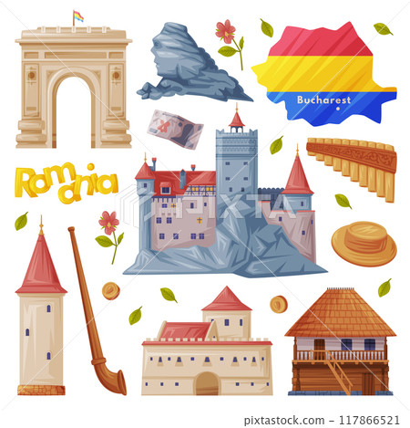 Romania Traditional Symbol and Object with Romanian Bran Castle and Triumphal Arch Vector Set Romania Traditional Symbol and Object with Romanian Bran Castle and Triumphal Arch Vector Set 117866521