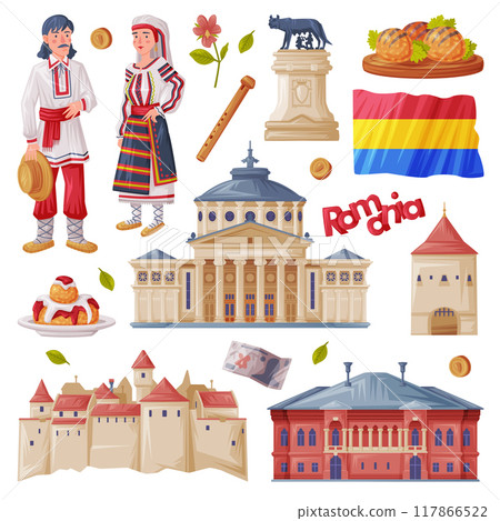 Romania Traditional Symbol and Object with Romanian Athenaeum and National Clothing Vector Set 117866522