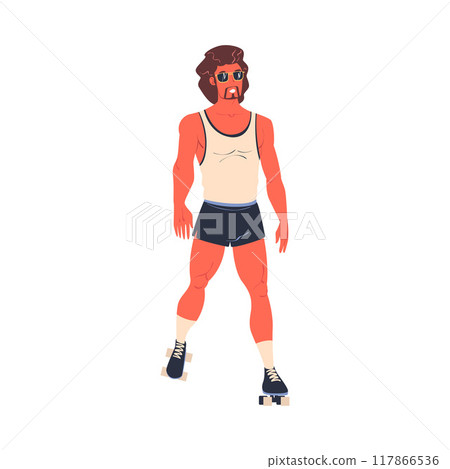 Retro Dressed Man Roller Skater in Shorts Roller Skating and Smiling Vector Illustration 117866536