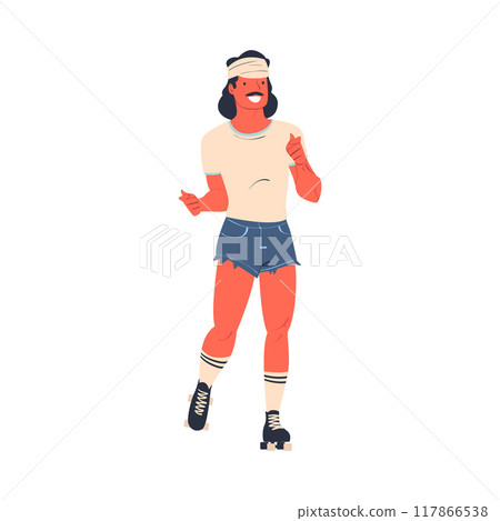 Retro Dressed Mustached Man Roller Skater in Shorts Roller Skating and Smiling Vector Illustration 117866538