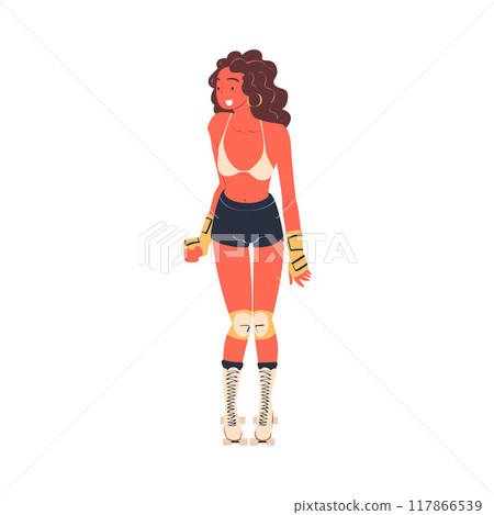 Retro Dressed Woman Roller Skater in Shorts Roller Skating and Smiling Vector Illustration 117866539