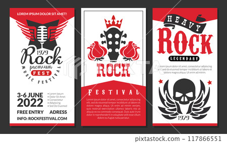 Rock Music Festival Vertical Banner with Electric Guitar and Skull Vector Template 117866551
