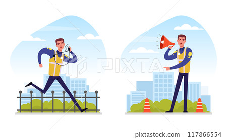 Man Road Police Officer Running and Announcing Something in Megaphone Vector Scene Set 117866554