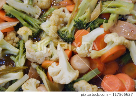 Stir fry vegetables in a wok, closeup of photo Stir fry vegetables in a wok, closeup of photo 117866627