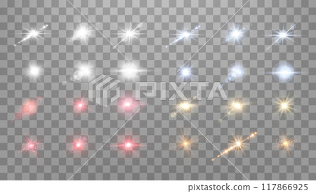 Lens flares set, sun flash with rays or spotlight and bokeh. Glow flare light effect. Vector illustration. Isolated on transparent background. 117866925