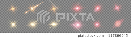 Red and gold lens flares set. Sun flash with rays or spotlight and bokeh. Isolated on transparent background. Glow flare light effect. Vector illustration. 117866945