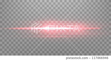 Red horizontal lensflare. Light flash with rays or spotlight and bokeh. Red glow flare light effect. Vector illustration. Isolated on transparent background. Red horizontal lensflare. Light flash with rays or spotlight and bokeh. Red glow flare light effect. Vector illustration. Isolated on transparent background. 117866946