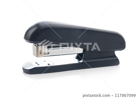 Black office stapler isolated on white background. Black office stapler isolated on white background. 117867099