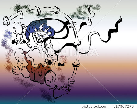 Thunder god illustration with color gradation and sumi-e style Thunder god illustration with color gradation and sumi-e style 117867276