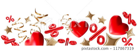 Footer with red percentage symbols, hearts, golden ribbons and stars, isolated on white background. Valentines Day sale. Special offers, discounts. Modern border. Bottom of the sheet. Foreground. 3D. Footer with red percentage symbols, hearts, golden ribbons and stars, isolated on white background. Valentines Day sale. Special offers, discounts. Modern border. Bottom of the sheet. Foreground. 3D. 117867319