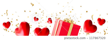 Elegant Valentines Day footer with red hearts, golden confetti and gift box, isolated on white background. Modern border perfect for festive and romantic theme. Bottom of the sheet. Foreground. 3D. 117867320