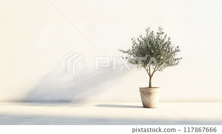 An olive tree in a pot in front of a wall 117867666