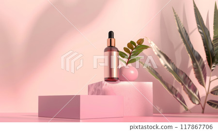 Minimalist Pink Skincare Display with Plant 117867706