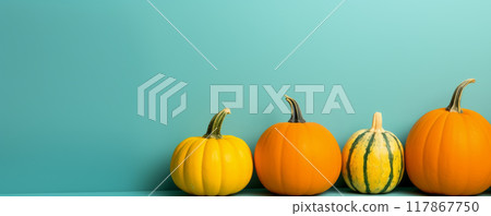 Colorful Pumpkins and Autumn Leaves on Light Blue Background banner 117867750