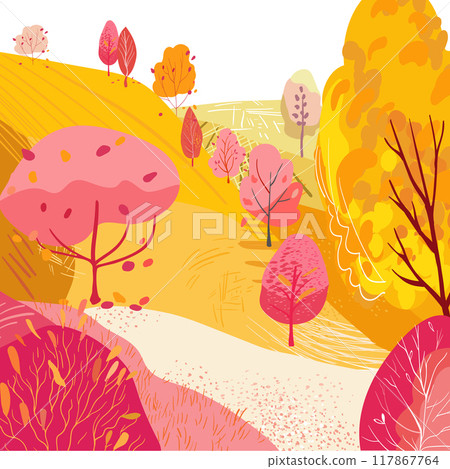 Hill with roadside bushes and dirt road. Autumn park. Hand drawn vector illustration. Lifestyle. Place for relaxation and walks. Textured flat illustration. Template for postcard, poster and tourism 117867764