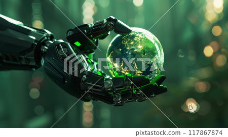 Robot Hand Holding Earth Globe in Futuristic Setting 117867874