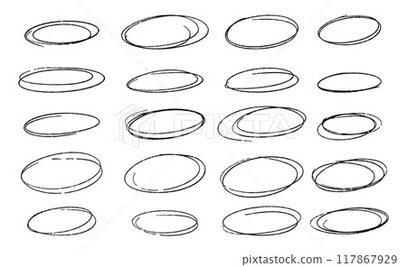 Doodle oval frame. Hand drawn circle pencil sketch. Vector scribble round border Doodle oval frame. Hand drawn circle pencil sketch. Vector scribble round border 117867929