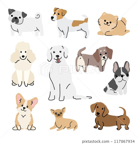 Cute dogs collection. Lovely dog and friendly puppy doodle hand drawn set Cute dogs collection. Lovely dog and friendly puppy doodle hand drawn set 117867934