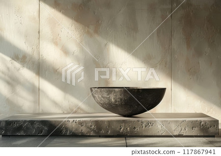 Minimalist Still Life with a Stone Bowl on a Textured Pedestal in Soft Sunlight and Shadow Play. Minimalist Still Life with a Stone Bowl on a Textured Pedestal in Soft Sunlight and Shadow Play. 117867941