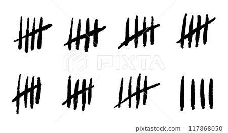 Prison sketch on wall. Chalk on a white background sticks the line counter on the wall Prison sketch on wall. Chalk on a white background sticks the line counter on the wall 117868050
