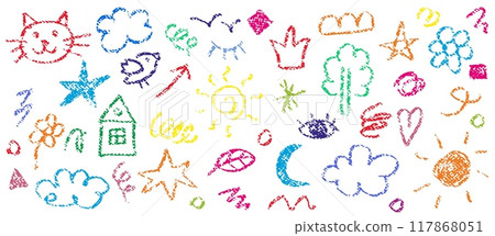 Colorful charcoal doodle shapes and squiggle. Crayon pencil drawings isolated on white. Crown, cat, stars, flower, heart Colorful charcoal doodle shapes and squiggle. Crayon pencil drawings isolated on white. Crown, cat, stars, flower, heart 117868051