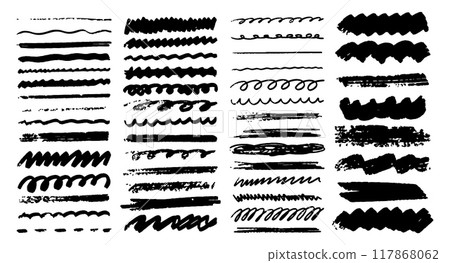 Grunge brush strokes. Ink painting. Hand drawn paintbrush shape, stain texture Grunge brush strokes. Ink painting. Hand drawn paintbrush shape, stain texture 117868062