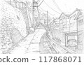 a pencil drawing of a quiet, uphill residential street in Japan 117868071