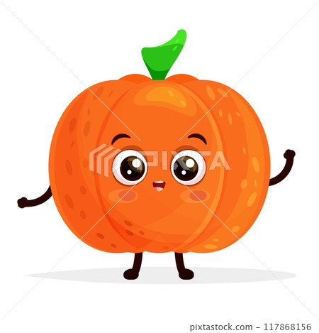 Happy orange pumpkin cartoon mascot vector illustration waving hand and smiling isolated on white background. 117868156