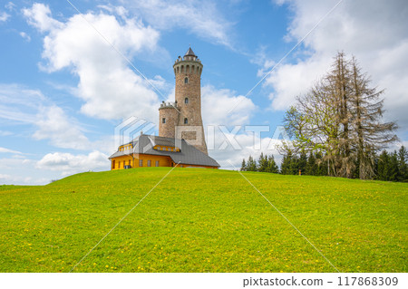 A scenic view of the Dalimil Lookout Tower in Czechia, with a stone tower and a wooden building nestled on a grassy hill. The sky is blue with fluffy white clouds. A scenic view of the Dalimil Lookout Tower in Czechia, with a stone tower and a wooden building nestled on a grassy hill. The sky is blue with fluffy white clouds. 117868309