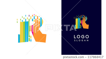 Colorful stripes transitioning into pixel-like elements fat logo template, letter R, abstract equalizer logotype for tech, creative studio, media, digital branding. Vector illustration 117868417