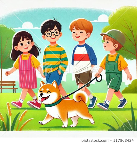 帶著狗狗散步的孩子們 帶著狗狗散步的孩子們 117868424