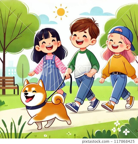 帶著狗狗散步的孩子們 117868425